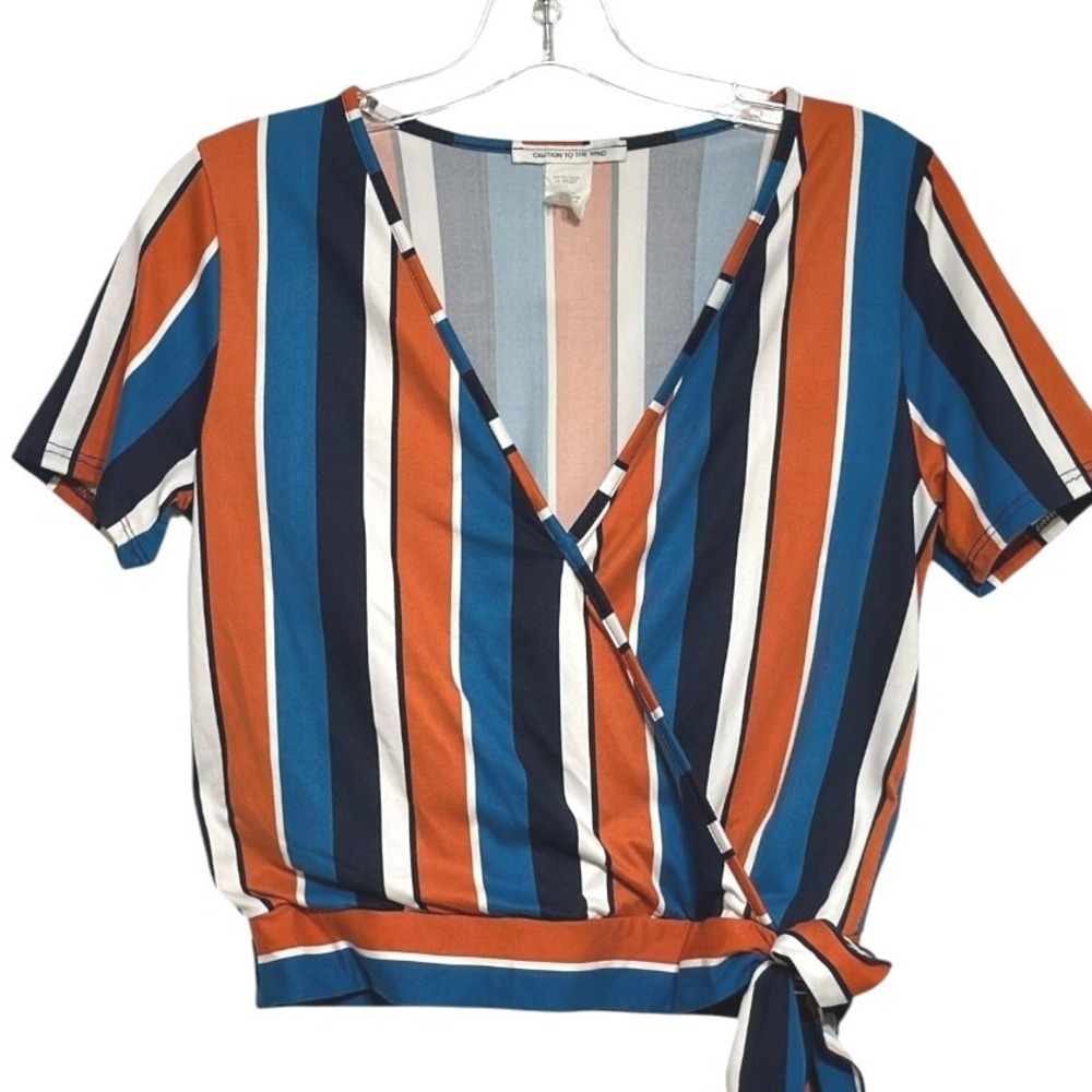 Caution to the Wind Wrap Top Women Blue Orange Stripe Side Tie Summer Festival M